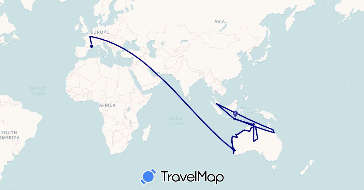 TravelMap itinerary: driving in United Arab Emirates, Australia, France, Indonesia, Malaysia (Asia, Europe, Oceania)